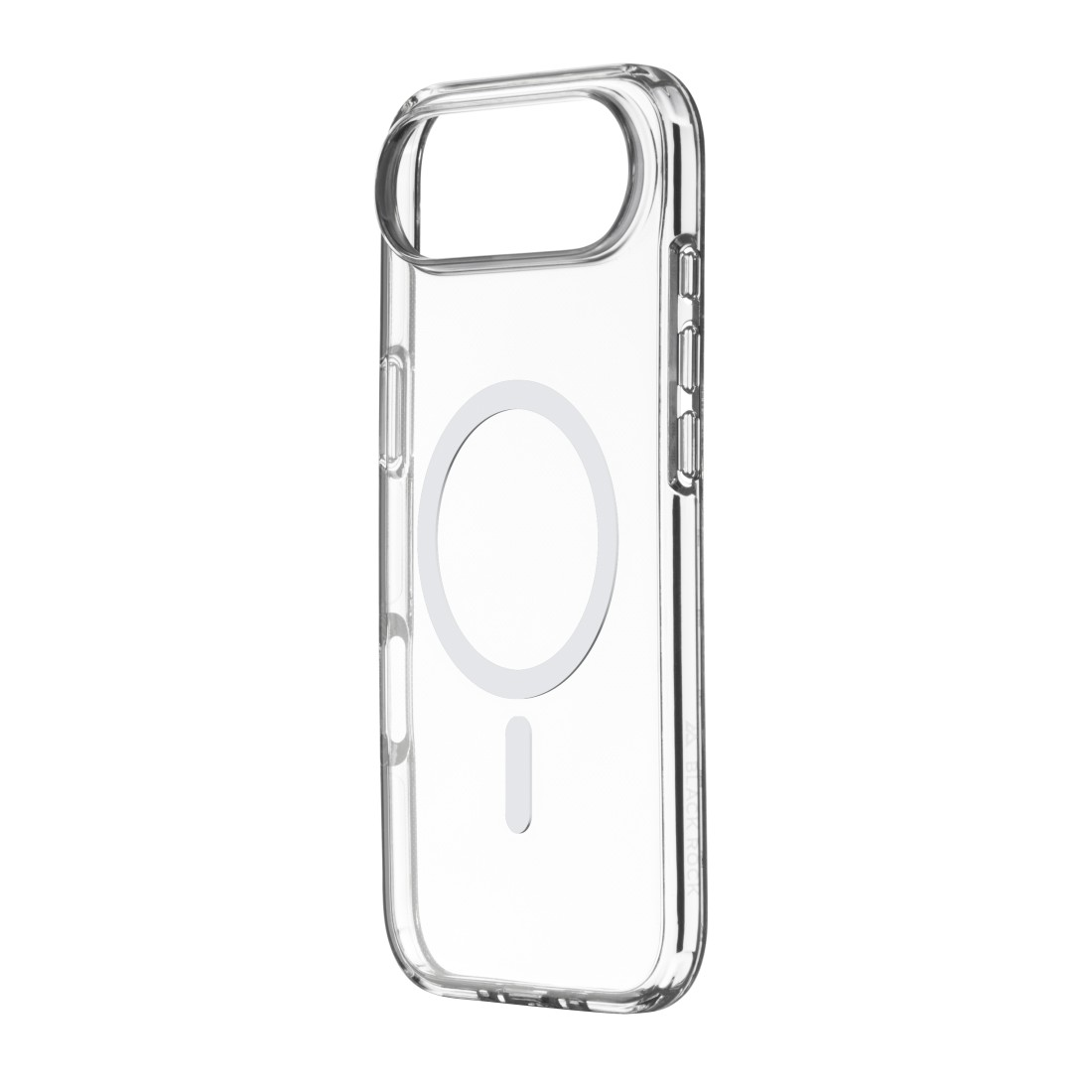 Eine transparente Handyhülle mit kreisförmigem Design und vertikaler Linie auf weißem Hintergrund.