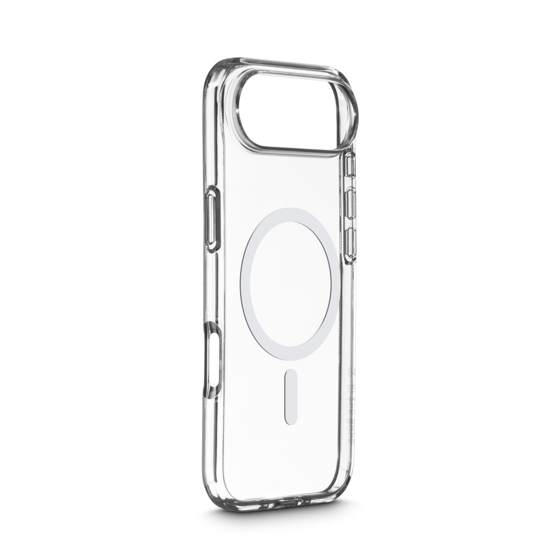 Eine transparente Handyhülle mit MagSafe-Ring vor weißem Hintergrund. Die Hülle ist transparent mit Aussparungen für Kamera und Tasten.