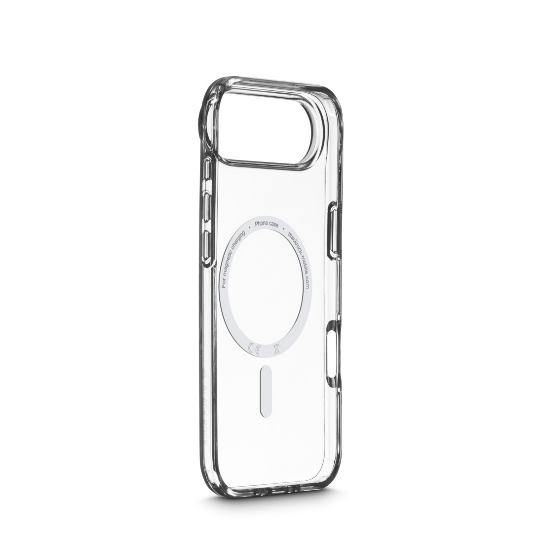 Eine transparente Handyhülle mit magnetischen Ladefunktionen auf weißem Grund. Die Hülle hat einen kreisförmigen Ladebereich.