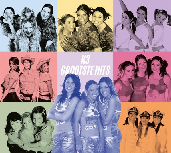 Een fotocollage toont K3. De foto's tonen drie vrouwen in verschillende poses en outfits, met de tekst 'K3 grootste hits'.