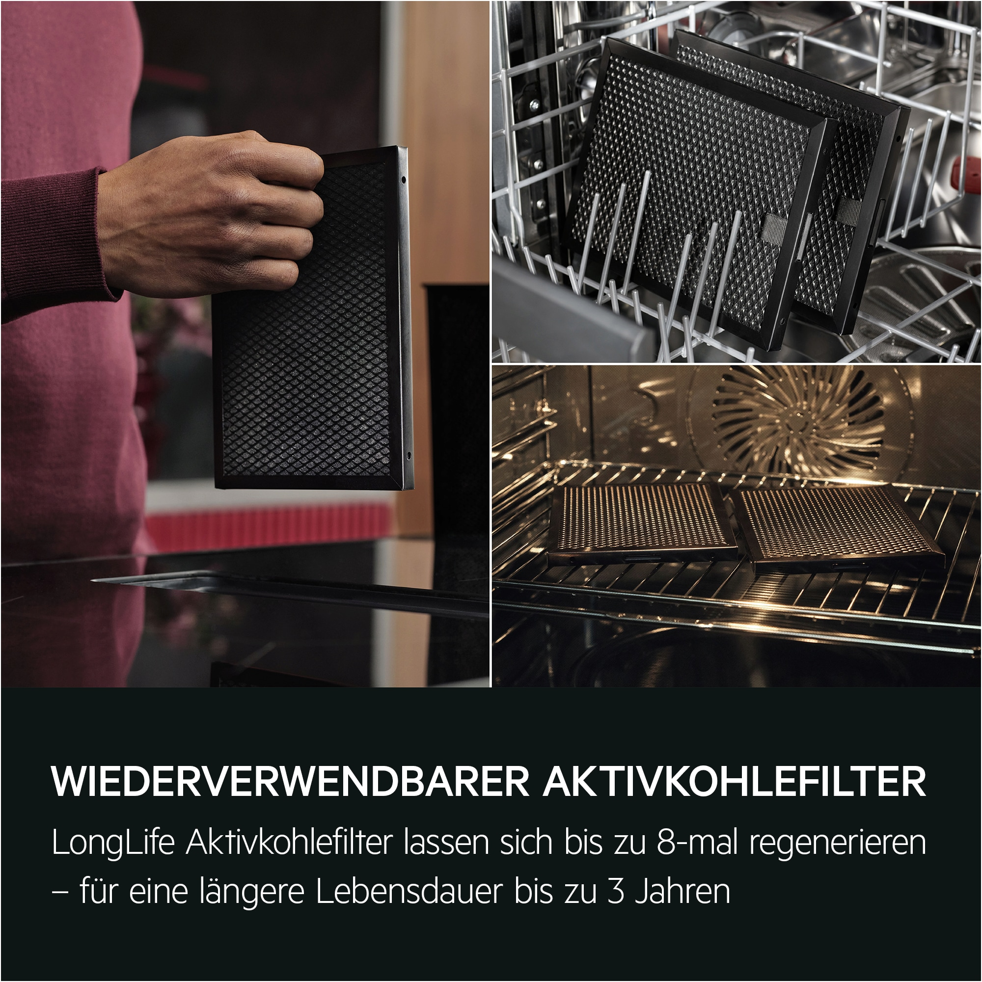 Das Bild zeigt Aktivkohlefilter in einer Hand, einem Geschirrspüler und einem Ofen. Text: Wiederverwendbarer Aktivkohlefilter, lange Lebensdauer.