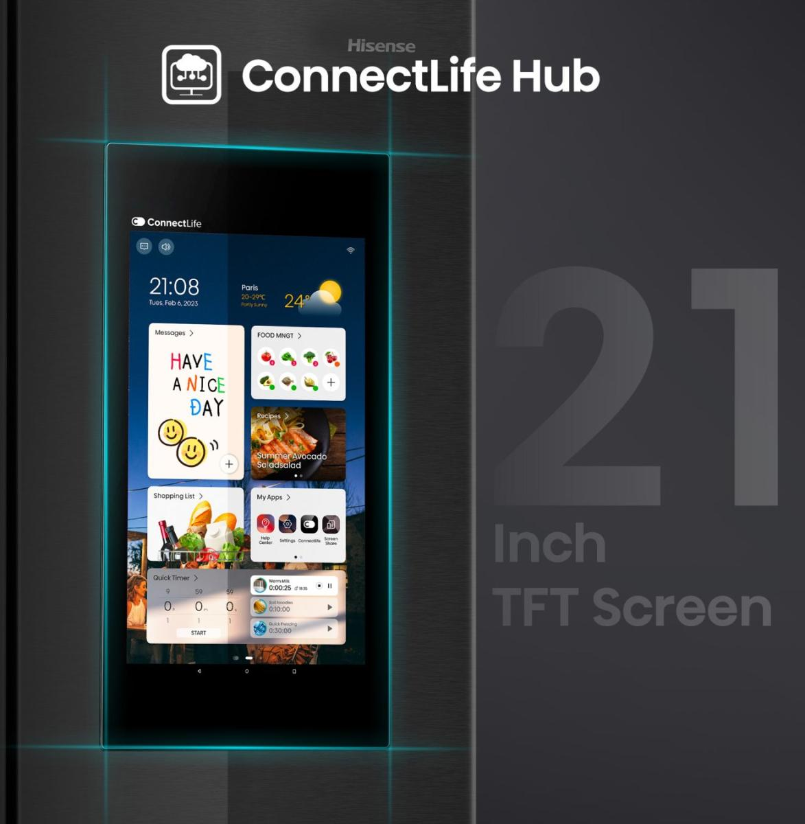 Ein 21-Zoll-Hisense ConnectLife Hub-Bildschirm zeigt eine farbenfrohe Oberfläche mit Apps und der Nachricht 'Have a nice day'.