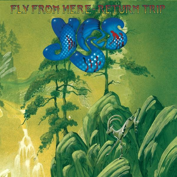 Das Kunstwerk zeigt blaue 'YES'-Buchstaben, eine Ziege auf Felsen, Bäume und den Text 'FLY FROM HERE - RETURN TRIP' vor grünem Hintergrund.