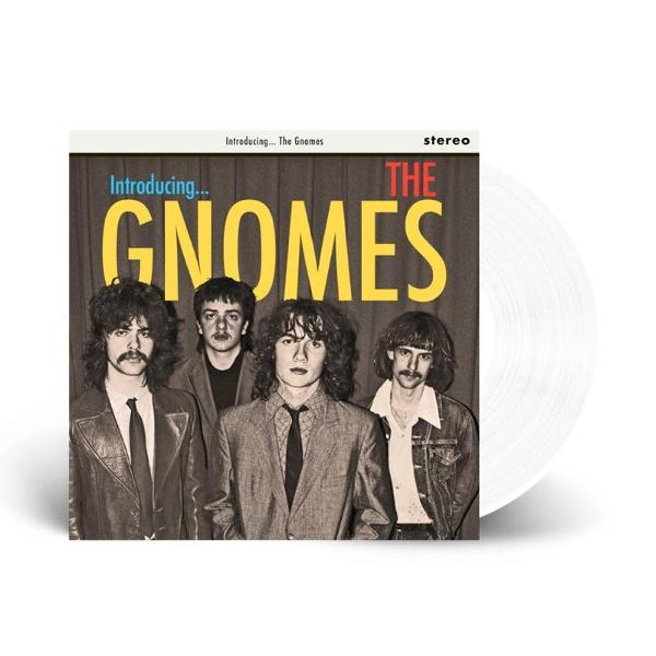 Albumcover der Band 'Introducing... The Gnomes'. Vier Männer stehen vor einem Vorhang. Rechts eine weiße Schallplatte.