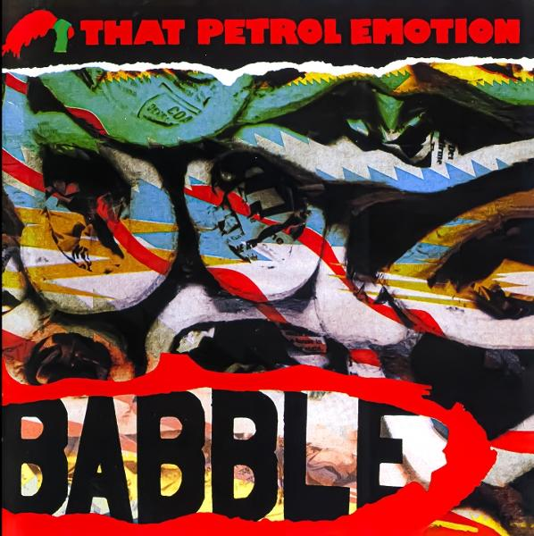 Albumcover-Kunst mit "BABBLE" in schwarzen Buchstaben, rot umkreist. Hintergrund zeigt eine Collage mit grünen, blauen, roten und schwarzen Elementen.