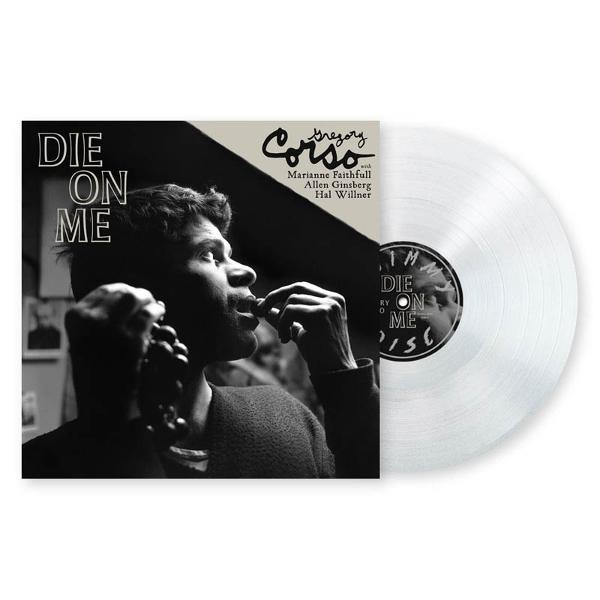 Albumcover 'Die On Me' von Gregory Corso. Ein Mann isst Trauben. Rechts ist eine weiße Schallplatte.