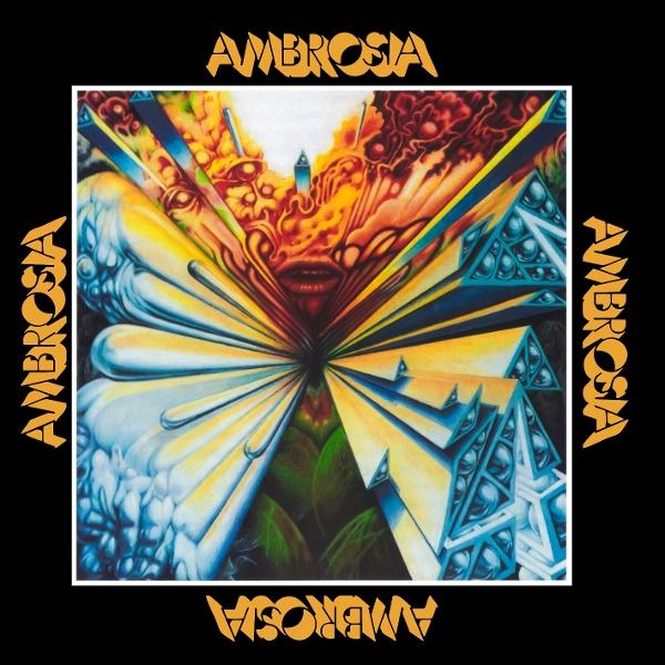 Albumcover mit einem zentralen Design aus bunten, geometrischen Formen und einem Gesicht. Das Wort "Ambrosia" steht in goldenem Text an den Rändern.
