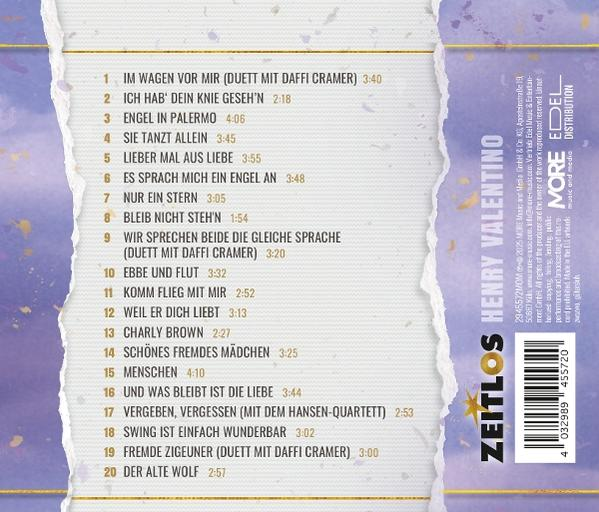 CD-Cover mit Trackliste für das Album Zeitlos von Henry Valentino. Der Text ist auf Deutsch. Der Hintergrund hat einen Papier-Effekt.