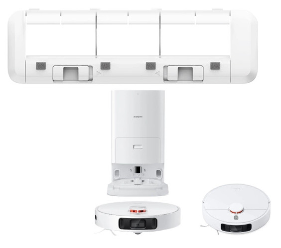 Biały robot sprzątający z stacją ładującą i akcesoriami. Odkurzacz ma okrągły kształt. Akcesoria są na górze.