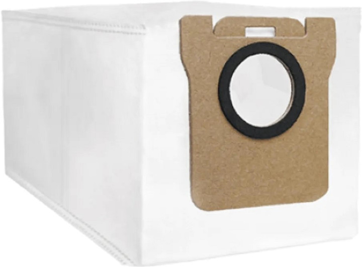 Biały worek do odkurzacza z kartonową wkładką. Wkładka ma czarny pierścień wokół otworu. Worek jest czysty.