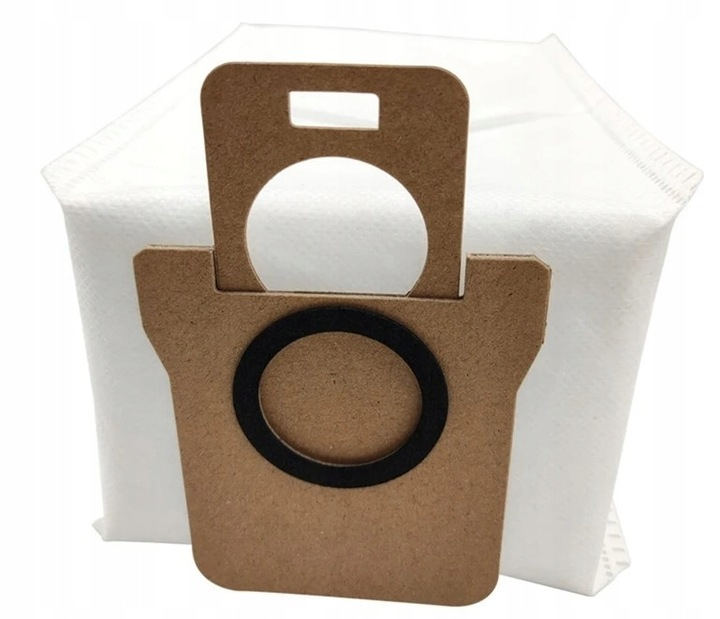 Nowy worek do odkurzacza. Ma brązową kartonową ramę z czarnym okręgiem i białą torbą materiałową w środku.
