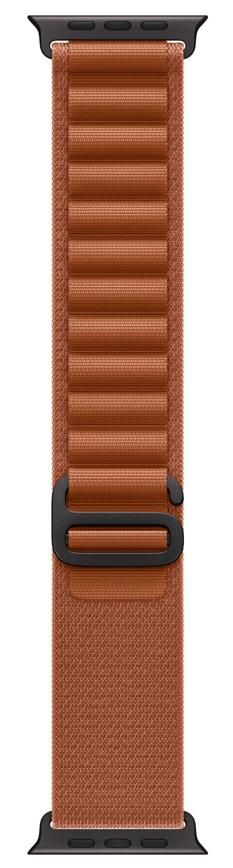 Brązowy pasek do zegarka z czarną klamrą. Pasek ma teksturowaną powierzchnię.