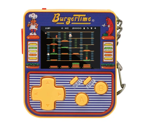 Przenośna gra retro BurgerTime. Ma mały ekran wyświetlający grę, otoczony żółtymi przyciskami i padem kierunkowym.