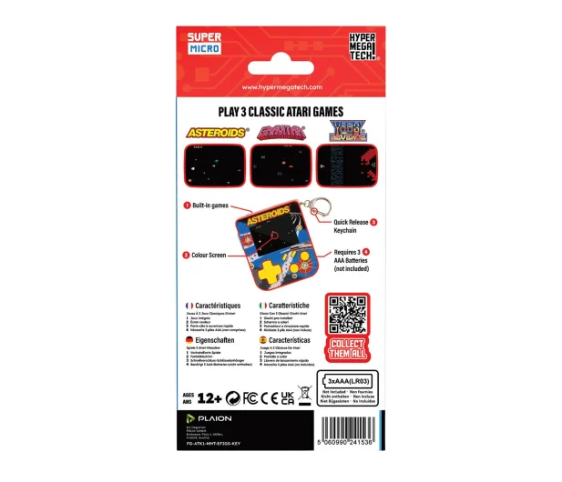 Tył opakowania konsoli do gier przenośnych. Pokazuje konsolę, zrzuty ekranu z gier i funkcje. Zawiera tekst w wielu językach.