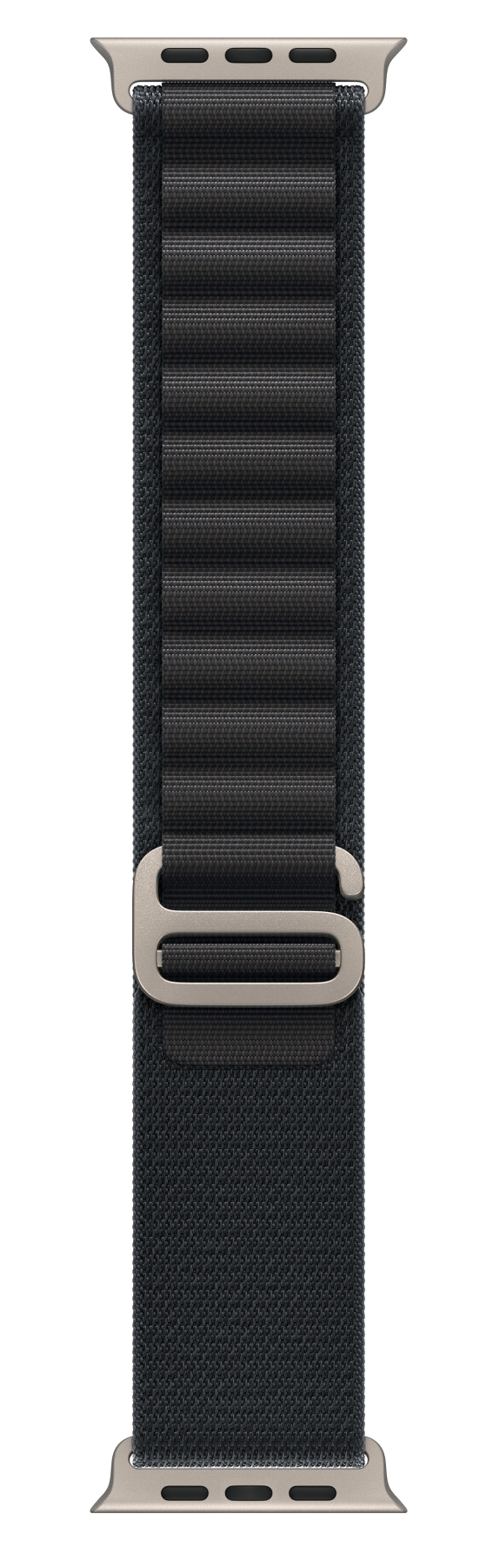 Czarny i szary pasek do Apple Watch. Posiada metalową klamrę i złącza. Tło jest czarne.