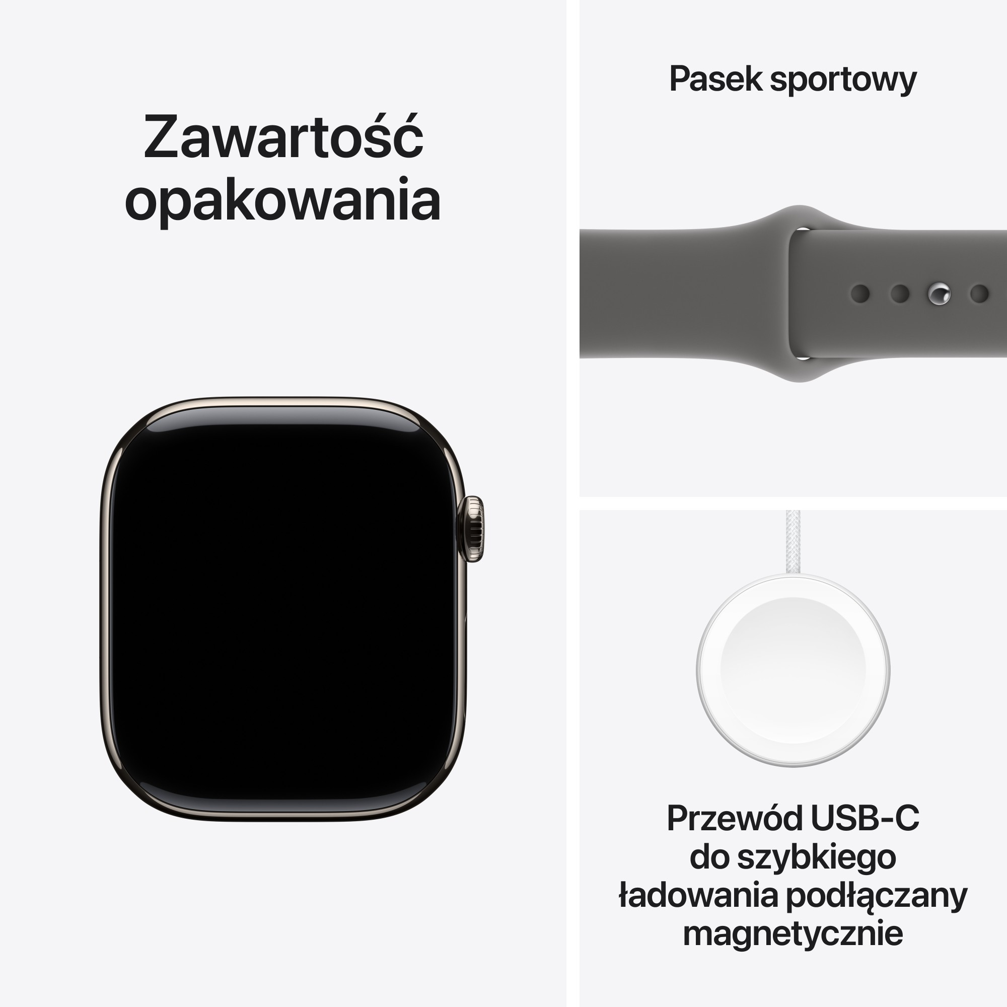 Zdjęcie przedstawia zawartość opakowania: smartwatch, szary pasek sportowy i magnetyczny kabel ładujący USB-C.