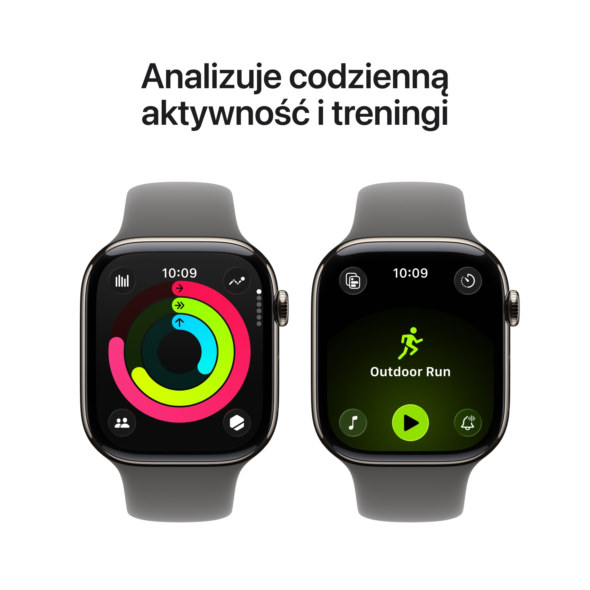 Dwa Apple Watch pokazujące śledzenie aktywności. Lewy zegarek pokazuje pierścienie aktywności, prawy Outdoor Run.