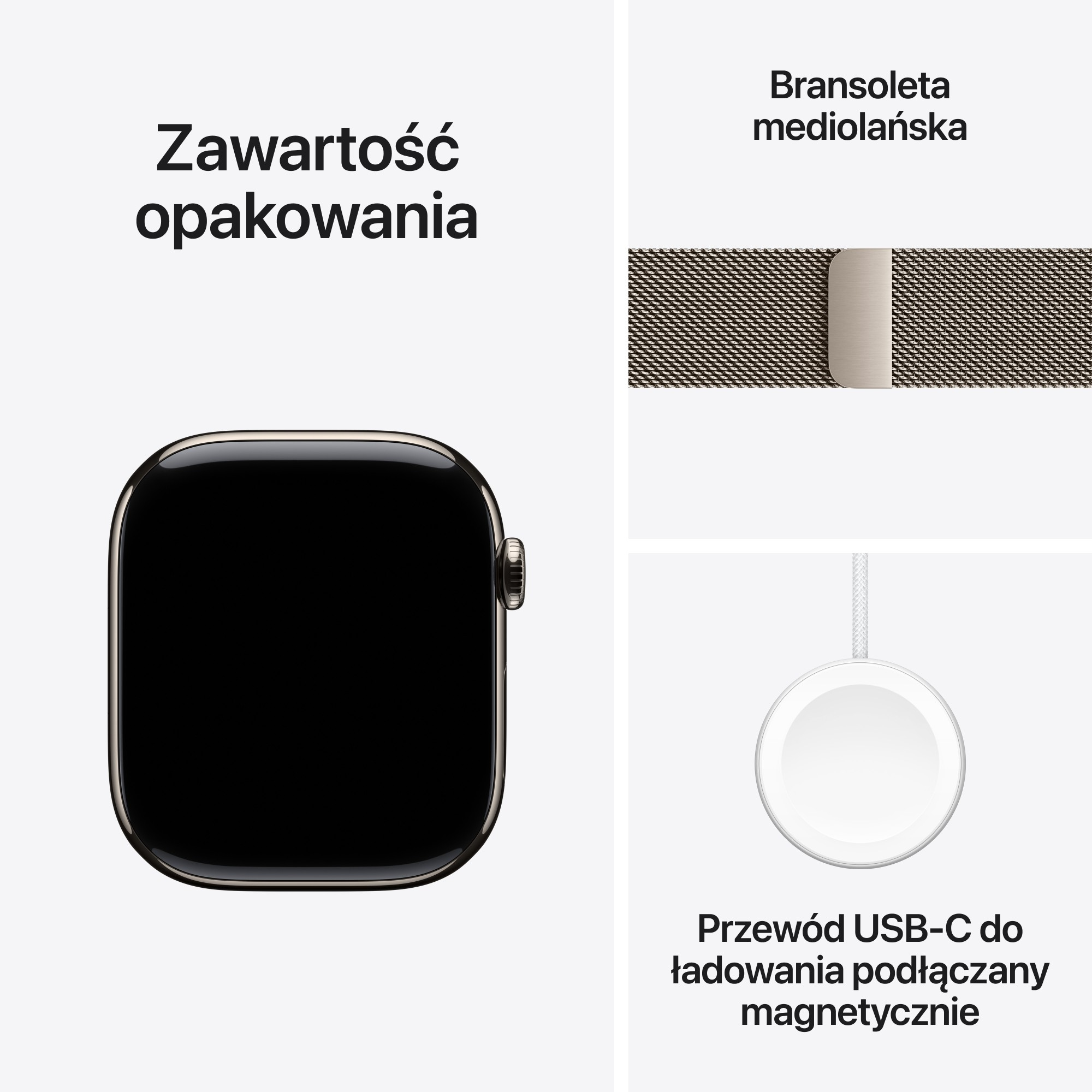 Obraz przedstawia Apple Watch, pasek Milanese Loop i kabel do ładowania USB-C. Tekst po polsku opisuje zawartość opakowania.