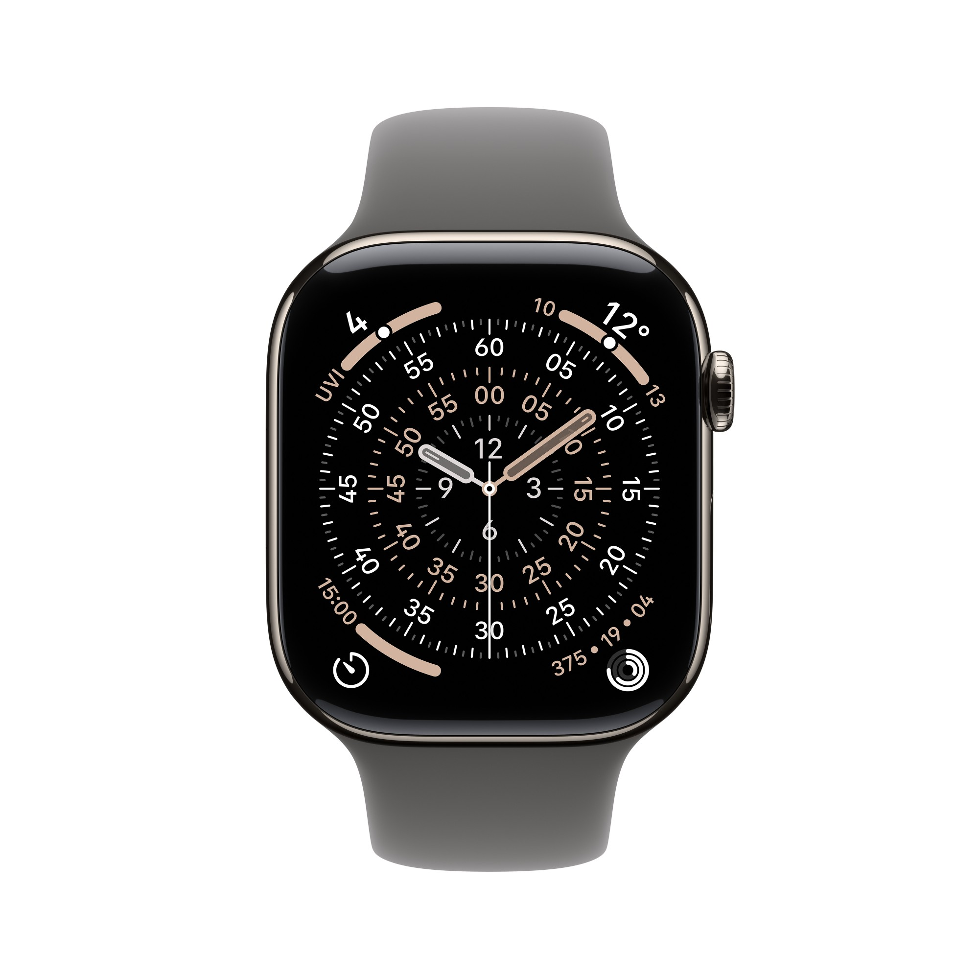 Szary Apple Watch z czarnym wyświetlaczem pokazującym czas i dane. Zegarek ma szary pasek i metalową obudowę.