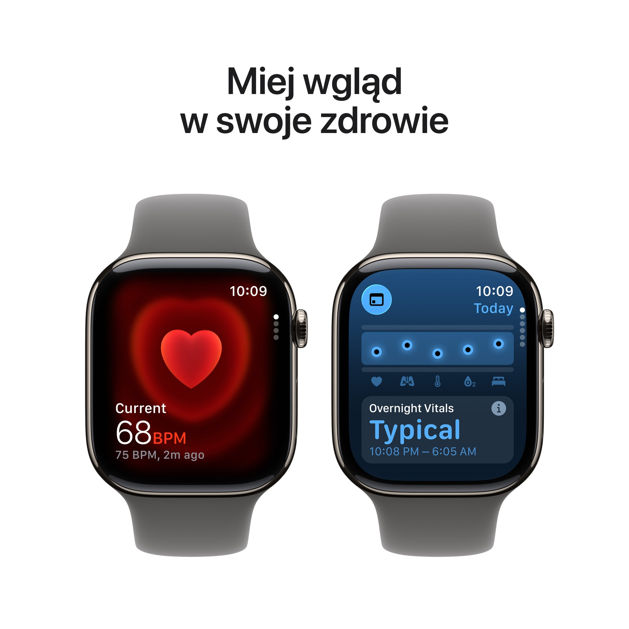 Dwa smartwatche wyświetlające dane zdrowotne. Jeden pokazuje tętno, drugi wskaźniki nocne.