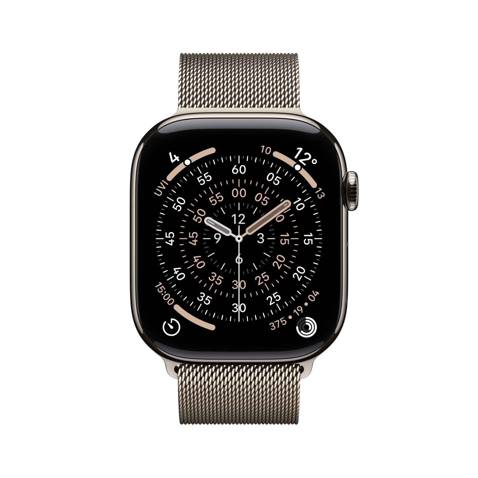 Złoty Apple Watch z siatkowym paskiem, wyświetlający godzinę. Liczby i oznaczenia są widoczne na tarczy.