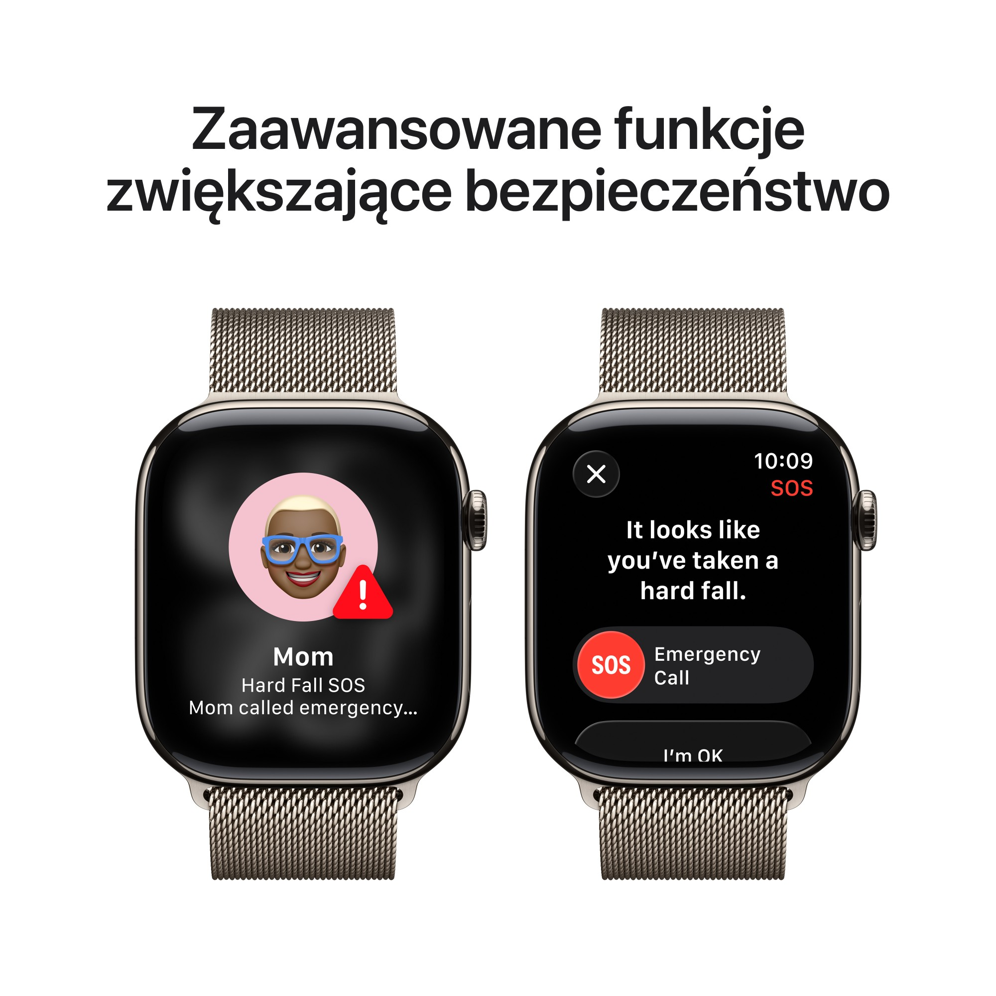 Dwa smartwatche pokazują ekran połączenia alarmowego. Jeden ma kontakt z mamą i alert. Drugi wyświetla komunikat o wykryciu upadku.