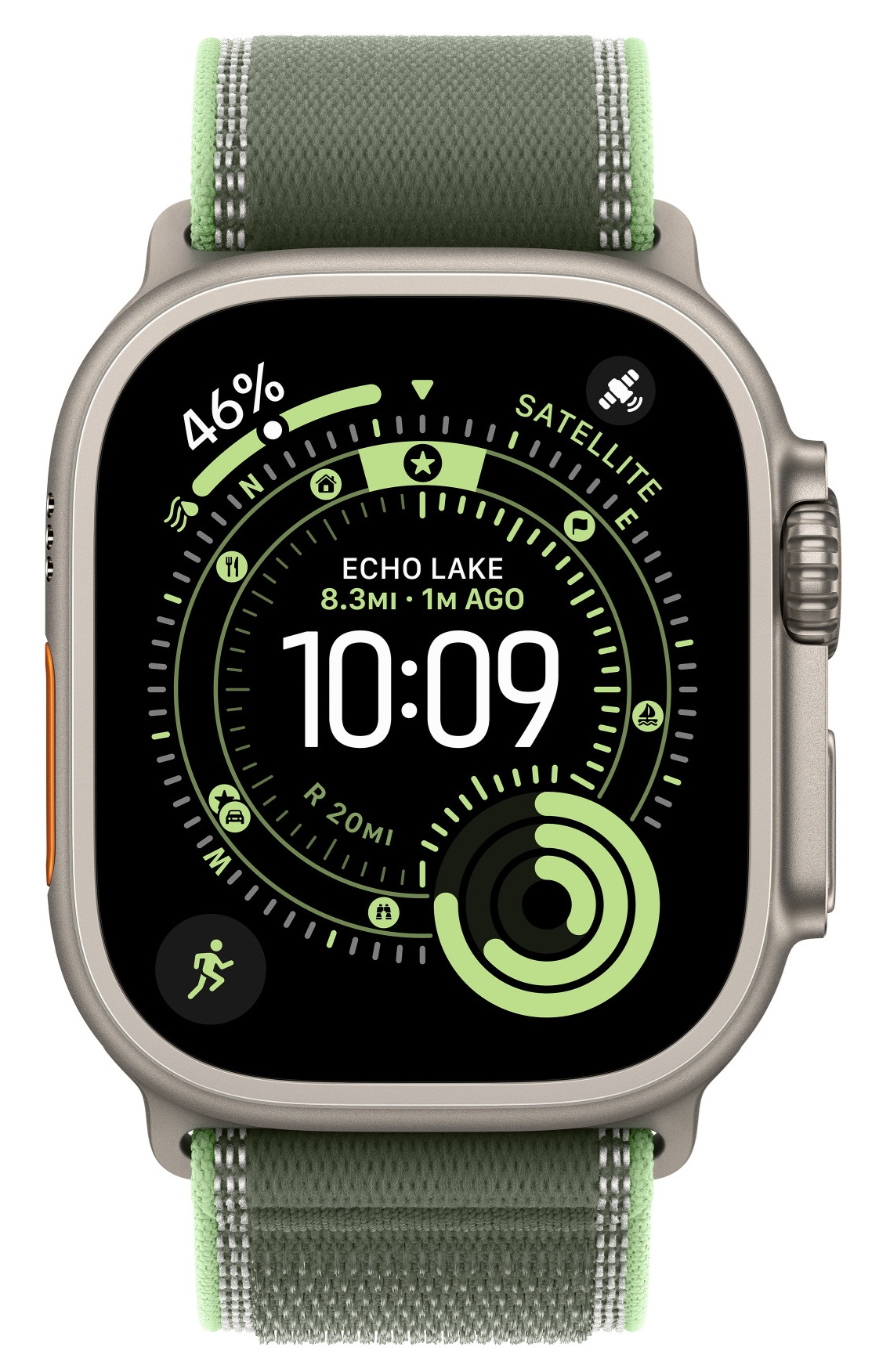 Apple Watch Ultra z zielonym paskiem, pokazujący godzinę 10:09, 46% baterii. Wyświetla dane satelitarne, odległość i lokalizację.
