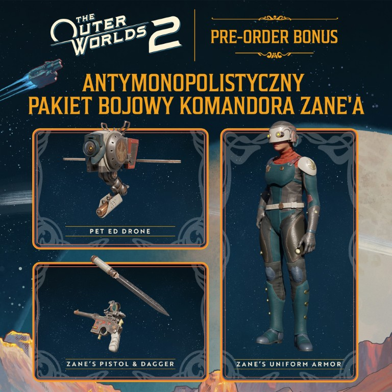 Obraz promocyjny dla The Outer Worlds 2. Zawiera drona, pistolet i sztylet oraz postać w turkusowej zbroi. Tło kosmiczne.