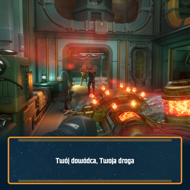 Scena science-fiction. Dwie postacie w pokoju. Futurystyczna broń świeci. Tekst na dole: 'Twój lider, twoja droga'.