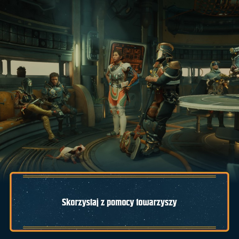 Futurystyczna scena wnętrza przedstawia kilka postaci. Centralna postać trzyma broń. Inni stoją lub siedzą. Widoczne jest małe stworzenie.