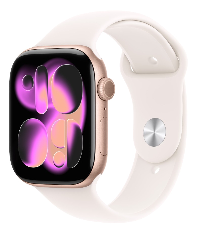 Złoty Apple Watch z kremowym paskiem. Ekran wyświetla kolorową grafikę. Zegarek jest na czarnym tle.