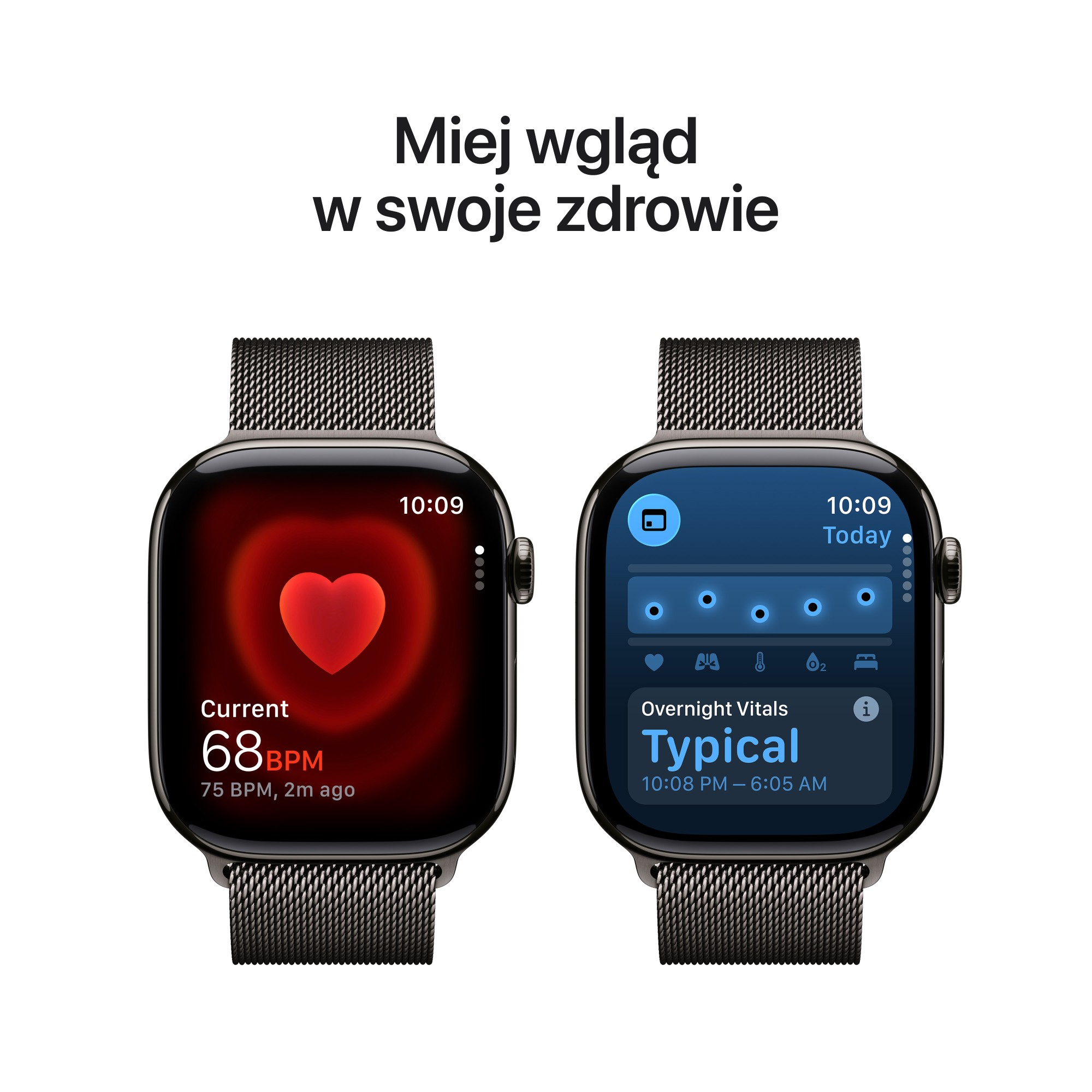 Dwa smartwatche wyświetlają dane zdrowotne. Jeden pokazuje tętno 68 BPM. Drugi wyświetla wskaźniki nocne.