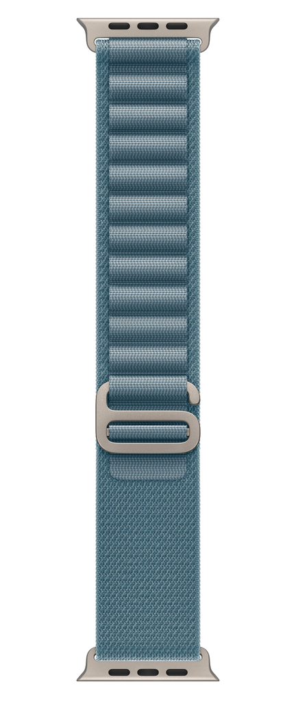 Niebiesko-zielony pasek do Apple Watch ze srebrną klamrą. Pasek jest wykonany z tkanej tkaniny, końce mają srebrne łączniki.