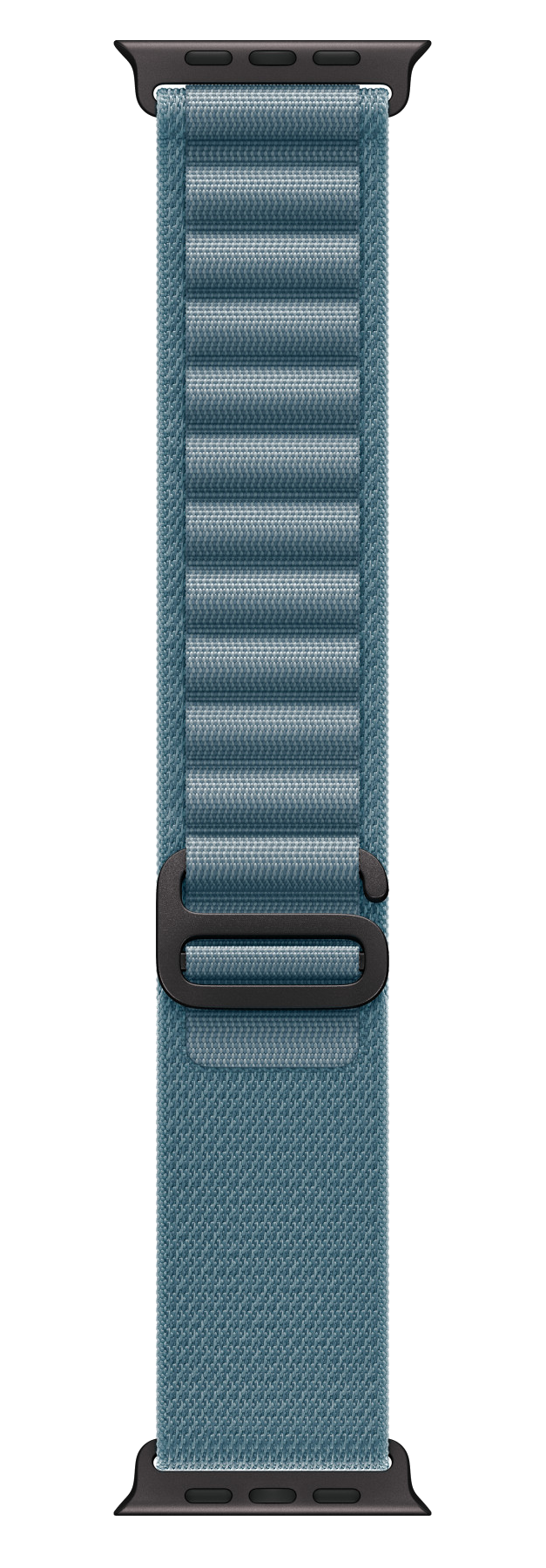 Pasek do Apple Watch w kolorze niebiesko-zielonym, z czarną klamrą i mocowaniami. Pasek ma teksturowany, żebrowany wzór.