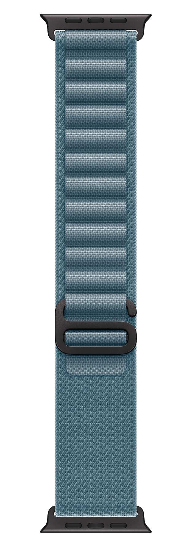 Pasek do Apple Watch. Jest niebiesko-zielony z czarną klamrą i czarnymi złączami na obu końcach.