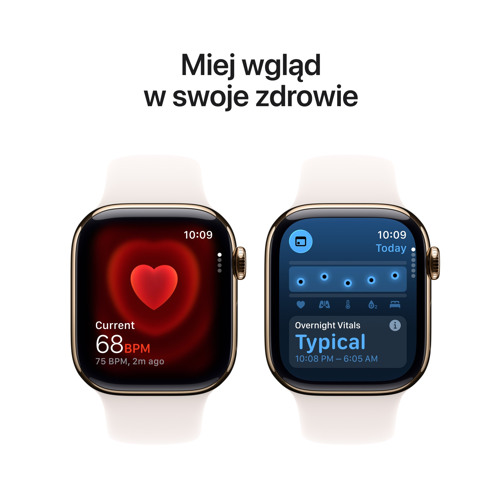 Dwa Apple Watche wyświetlają dane zdrowotne. Jeden pokazuje tętno 68 BPM. Drugi pokazuje parametry witalne nocą.