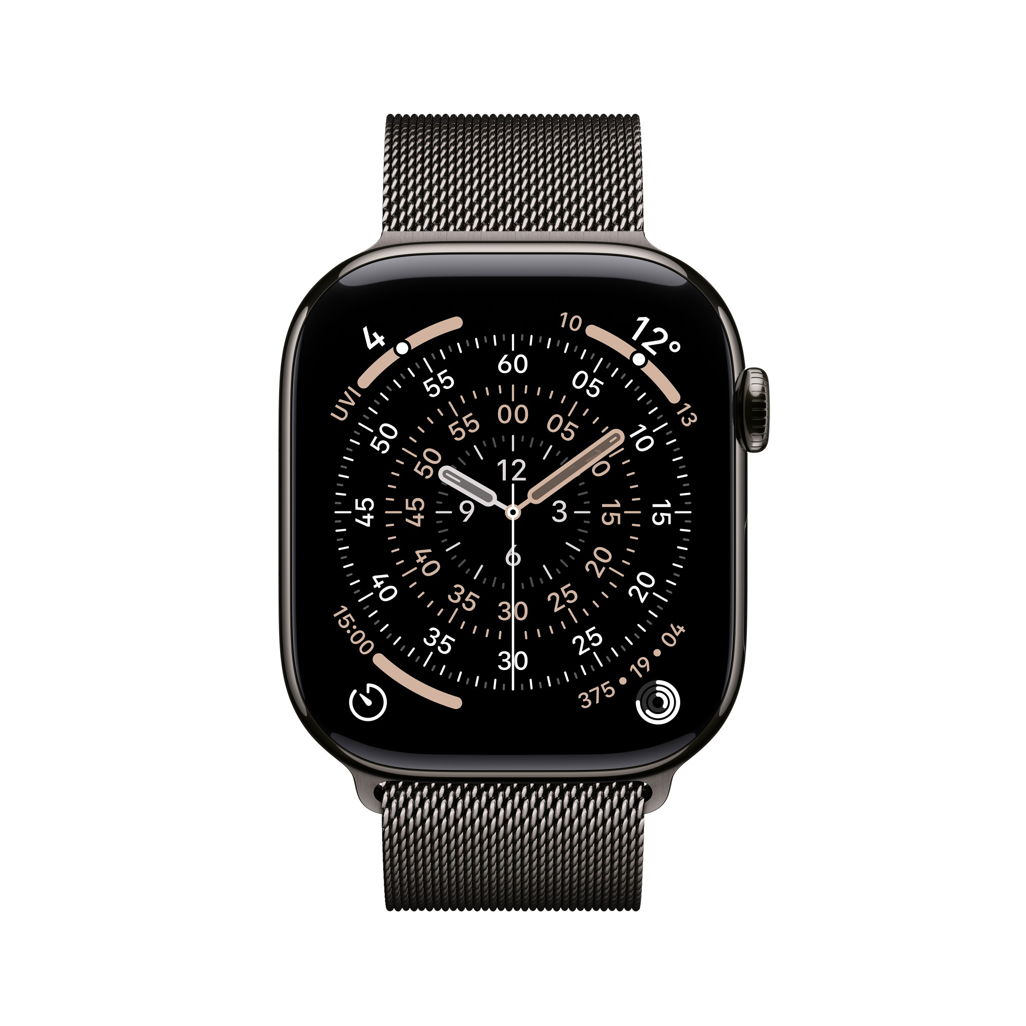 Czarny Apple Watch z metalową opaską wyświetla tarczę zegarka z cyframi i wskazówkami na białym tle.