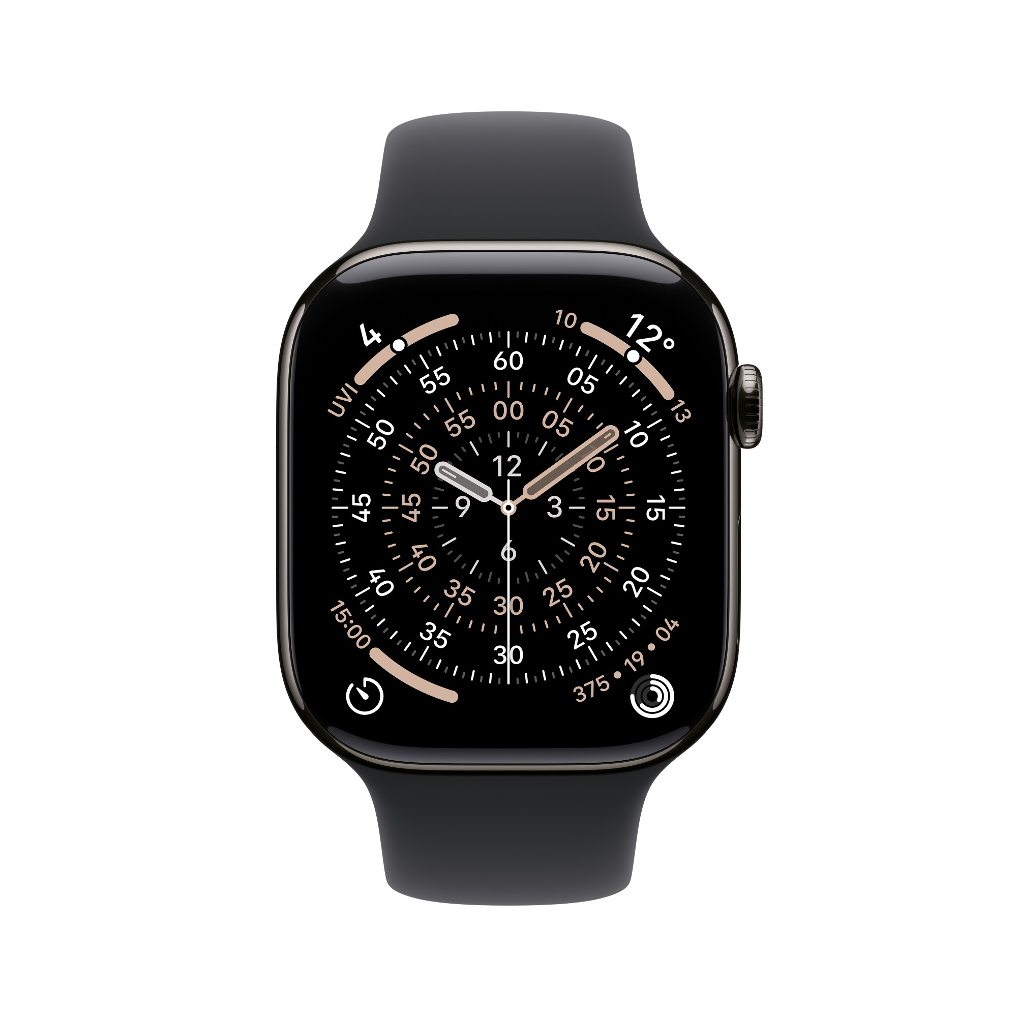 Czarny Apple Watch pokazuje czas, otoczony beżowymi i białymi oznaczeniami. Pasek jest czarny, a tło białe.