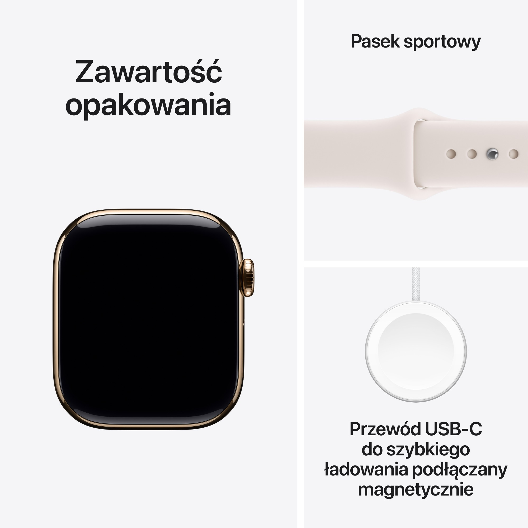 Apple Watch ze złotą kopertą, białym sportowym paskiem i magnetycznym kablem ładującym. Zawartość opakowania.