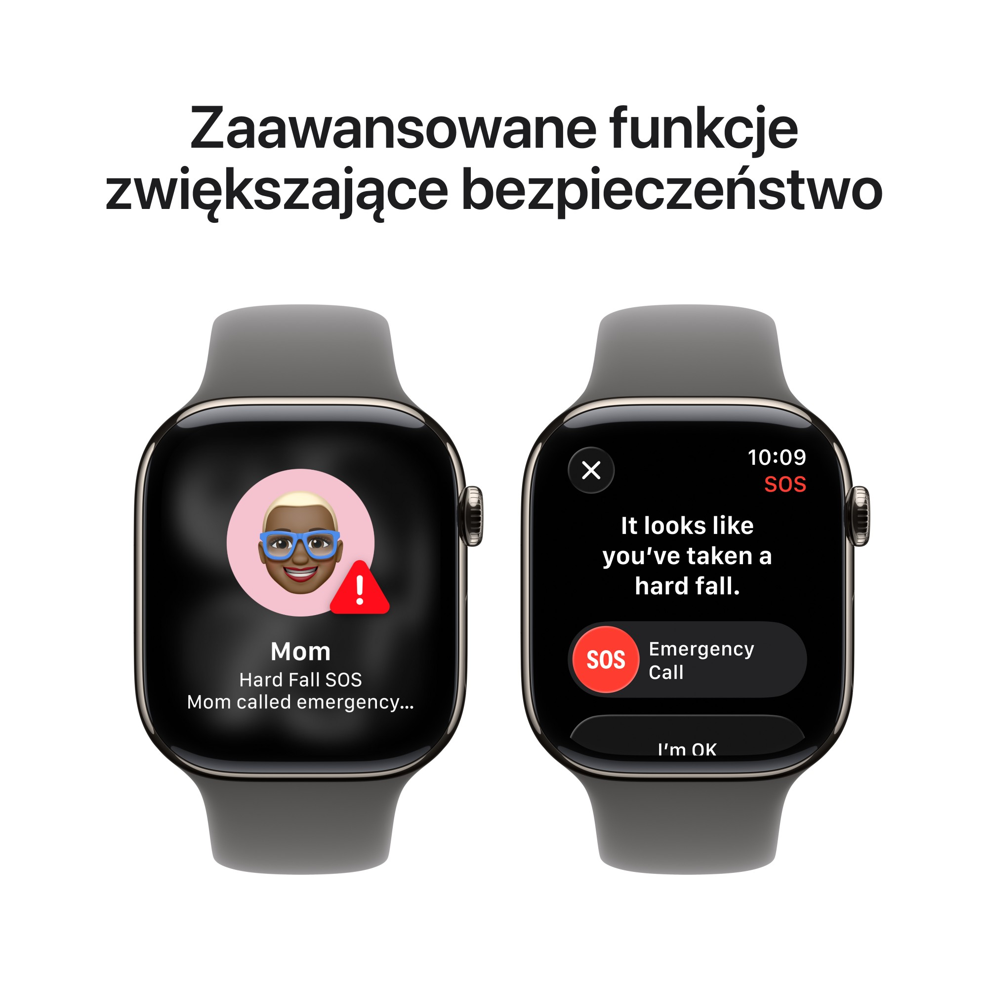 Dwa zegarki Apple Watch z funkcjami alarmowymi. Jeden pokazuje powiadomienie o upadku z połączeniem od mamy. Drugi oferuje połączenie alarmowe SOS.