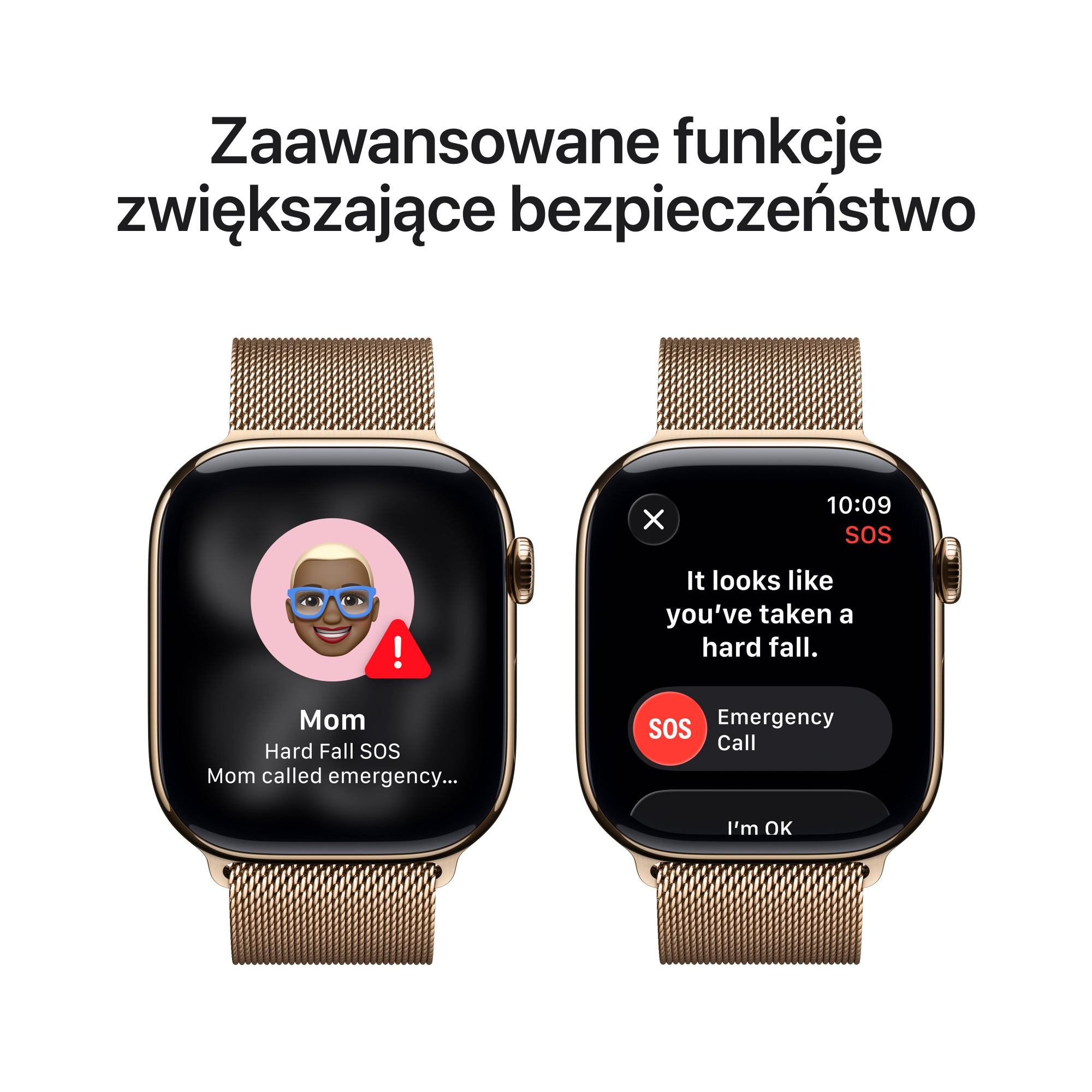Dwa złote smartwatche wyświetlające powiadomienia alarmowe. Jeden pokazuje powiadomienie o wykryciu upadku, drugi połączenie SOS.