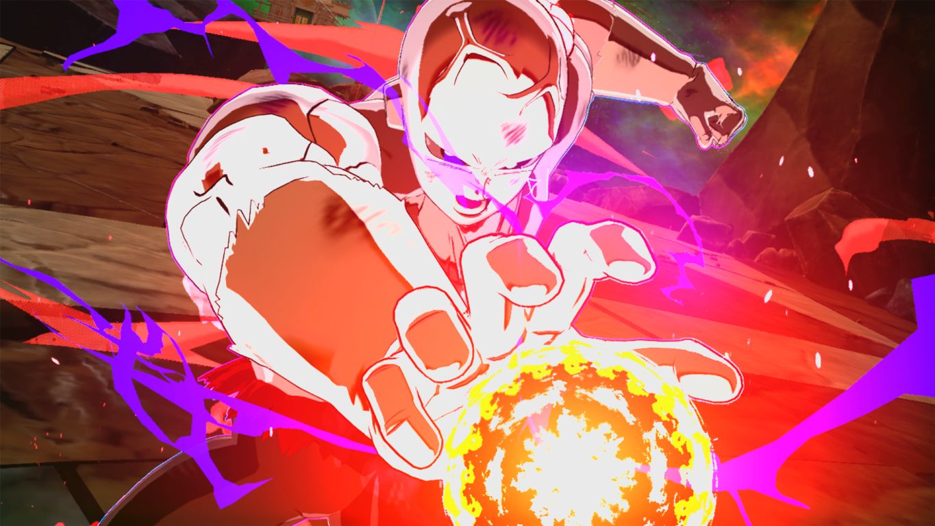 Postać o białej skórze i czarnych włosach wystrzeliwuje żółtą kulę energii. Otaczają ją fioletowe i czerwone efekty energetyczne.