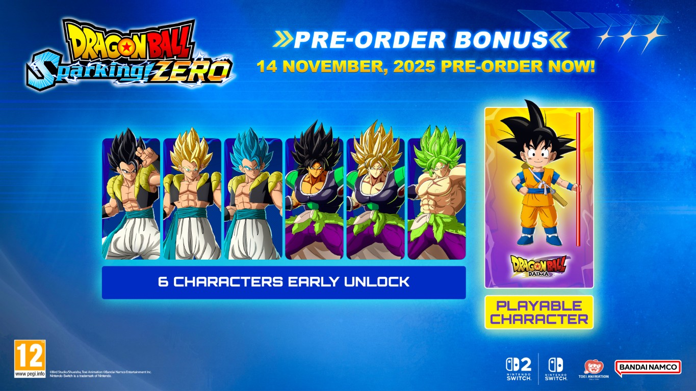 Obraz promocyjny Dragon Ball Sparking Zero. Zawiera sześć postaci i Goku. Dostępny bonus za zamówienie przedpremierowe.