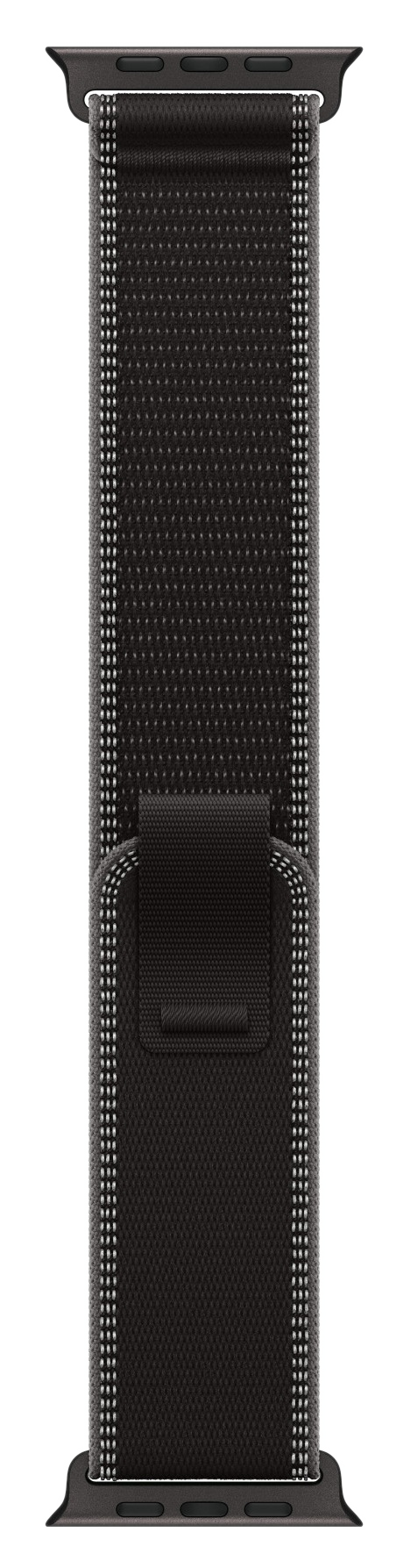 Czarny pasek do Apple Watch. Ma czarną tkaninę z odblaskowym wykończeniem i czarną klamrą.