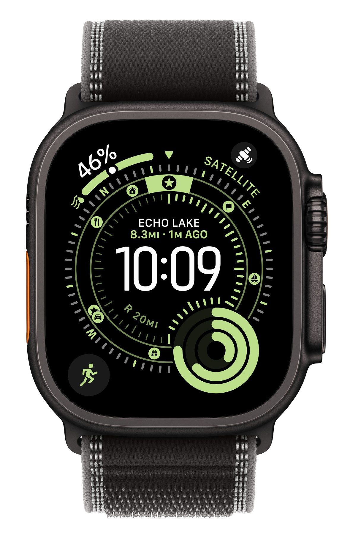 Czarny Apple Watch pokazuje godzinę 10:09. Ma czarny pasek z szarymi detalami. Ekran wyświetla różne dane w kolorze zielonym.