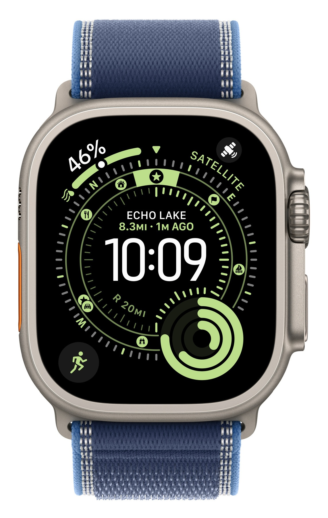 Srebrny smartwatch z niebieskim paskiem wyświetla godzinę, baterię i dane aktywności. Ekran pokazuje 10:09, z zielonymi i białymi detalami.