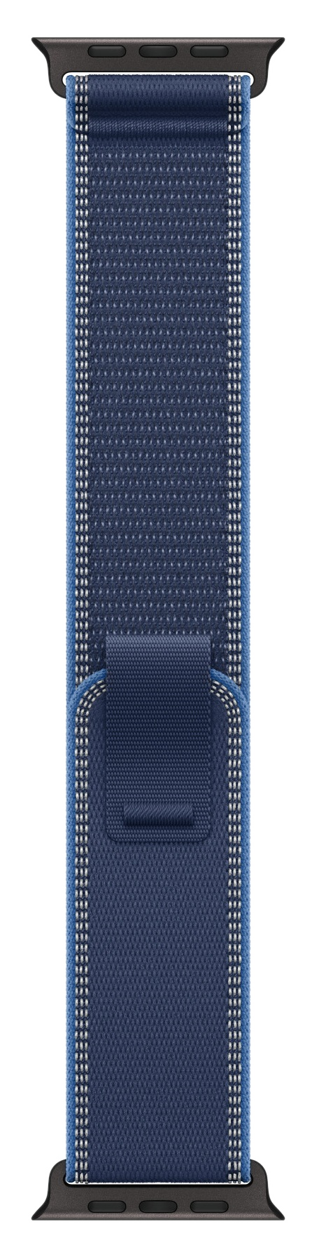 Niebieski pasek do zegarka z tkaną teksturą, białymi przeszyciami i ciemną klamrą. Jasnoniebieskie krawędzie.