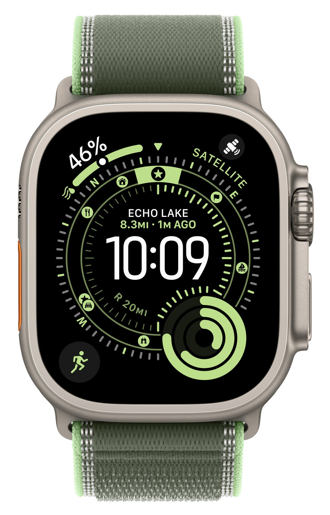 Srebrny Apple Watch Ultra z zielonym paskiem wyświetla czas, lokalizację i dane aktywności. Pokazuje 46% baterii, Echo Lake i godzinę 10:09.