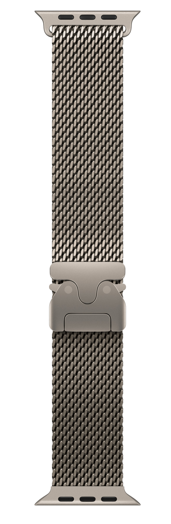 Zbliżenie paska do zegarka. To metalowa siatka z zapięciem pośrodku. Pasek jest srebrno-czarny na czarnym tle.