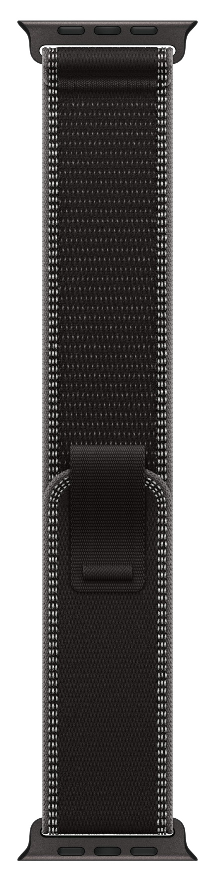 Czarny pasek do zegarka z białymi przeszyciami, czarnym zapięciem i ciemnoszarym łącznikiem.